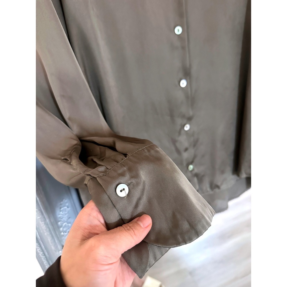 Zara Women Olive Green Basic Satin Finish Button Up Blouse Long Sleeve Shirt XL - Picture 6 of 9